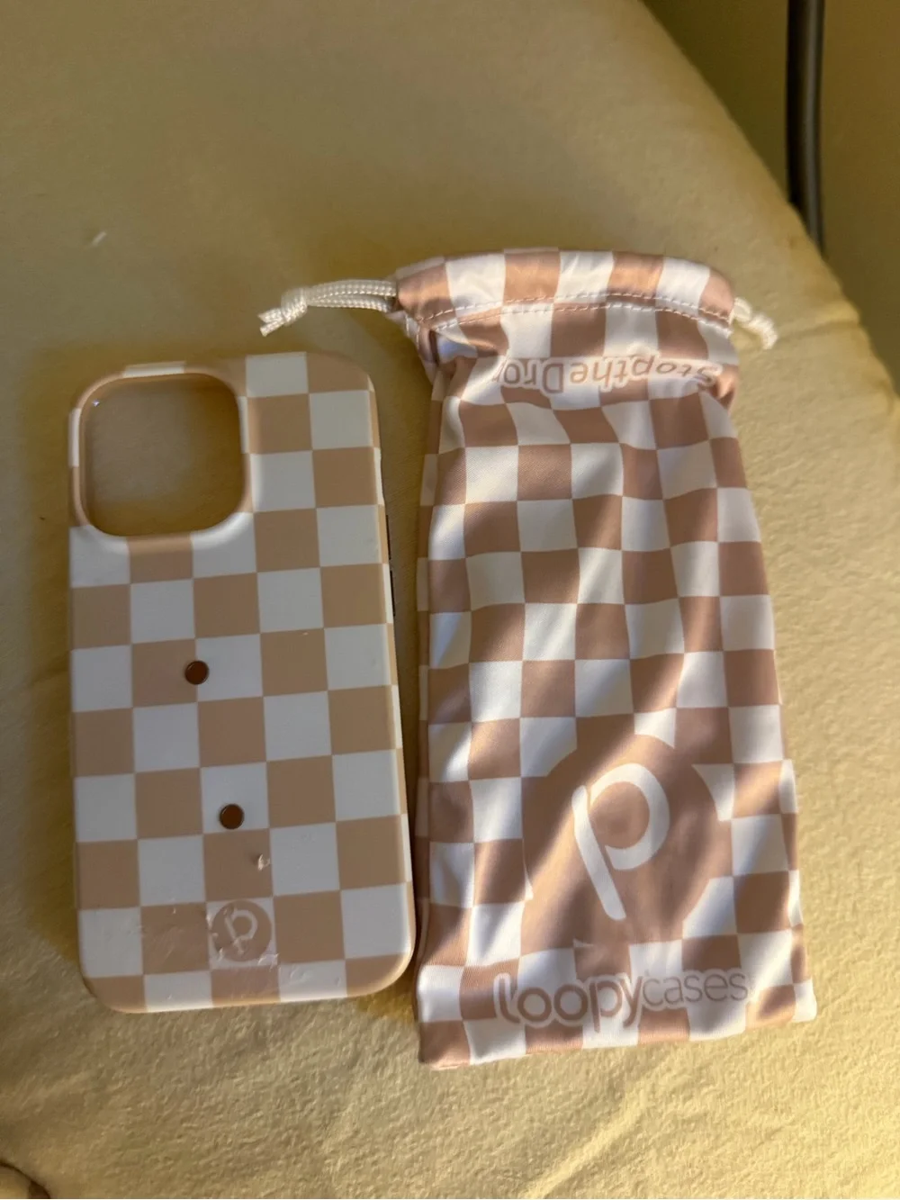 Loopy iPhone 14 Beige and White Checkered iPhone Case with Matching Pouch